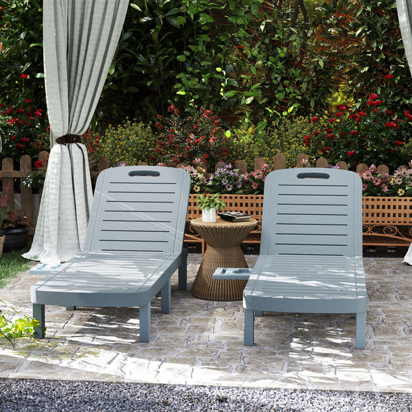 Lot de 2 bain de soleil, chaise longue avec plateaux rétractables, transat jardin extérieur inclinable, surface effet bois pour plage relax camping piscine terrasse, 62 x 158 x 88 cm, gris