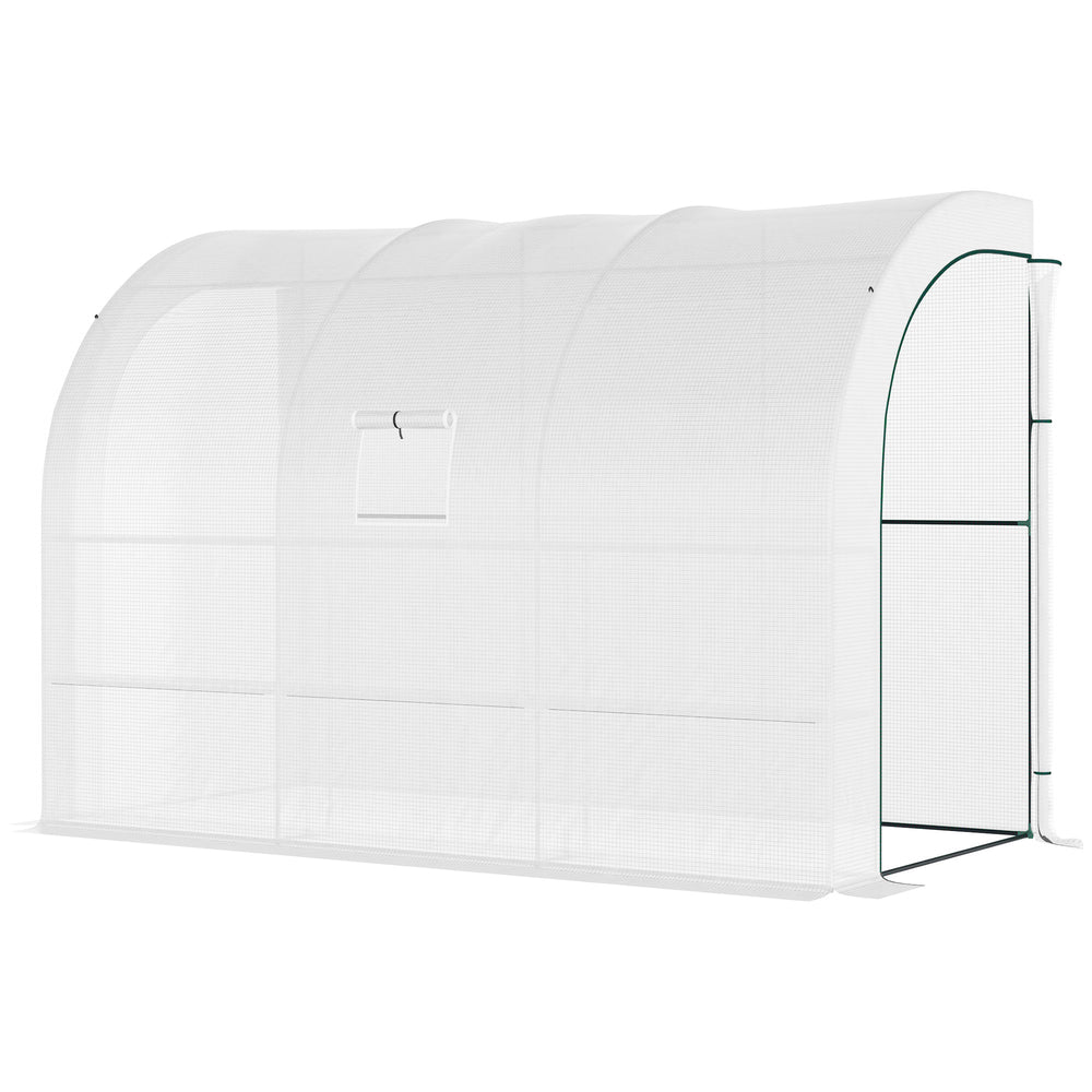 Serre de Jardin Adossée avec Étagères 3 Niveaux, Petite Serre de Balcon en Bâche PE 140 g/㎡ Renforcée et Châssis Acier, pour Légumes et Fleurs, Intérieur et Extérieur, 300x150x213cm, Blanc
