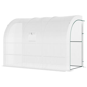Serre de Jardin Adossée avec Étagères 3 Niveaux, Petite Serre de Balcon en Bâche PE 140 g/㎡ Renforcée et Châssis Acier, pour Légumes et Fleurs, Intérieur et Extérieur, 300x150x213cm, Blanc