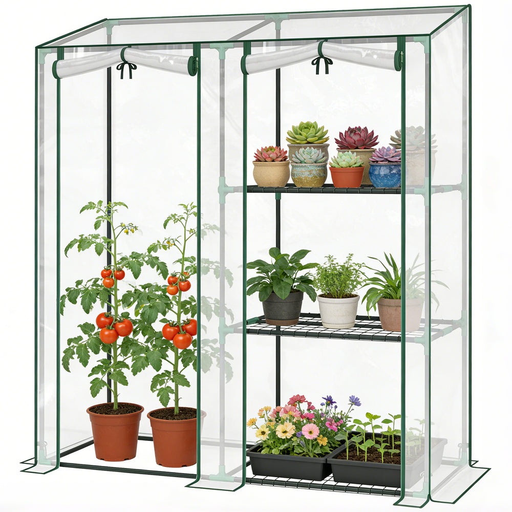 Serre de Jardin avec étagères 3 niveaux, Petite Serre de Balcon en Bâche PVC et Châssis Acier, 2 Portes Enroulables, pour Légumes Plantes Fleurs, 143 x 45 x 151 cm, Transparent