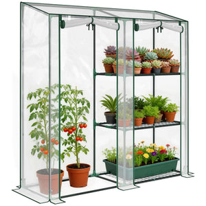 Serre de Jardin avec étagères 3 niveaux, Petite Serre de Balcon en Bâche PVC et Châssis Acier, 2 Portes Enroulables, pour Légumes Plantes Fleurs, 143 x 45 x 151 cm, Transparent
