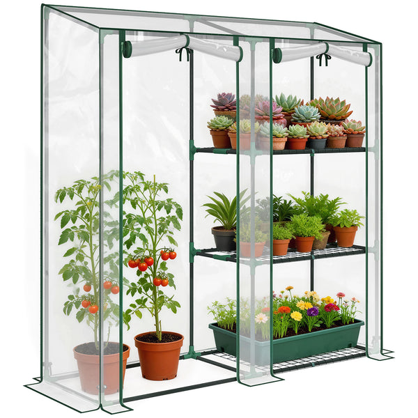 Serre de Jardin avec étagères 3 niveaux, Petite Serre de Balcon en Bâche PVC et Châssis Acier, 2 Portes Enroulables, pour Légumes Plantes Fleurs, 143 x 45 x 151 cm, Transparent