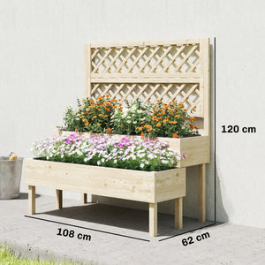 Jardinière à 2 Niveaux avec Treillis, bac à fleurs, lit surélevé avec tissu non tissé, pour plantes grimpantes, légumes, bois, intérieur et extérieur, 108 x 62 x 120 cm effet bois naturelle