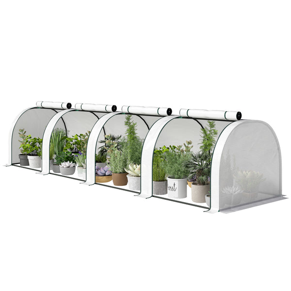 Mini Serre de Jardin Mini Serre Tunnel Serre à Tomates 4 x 1 x 0,8 m Acier Plastique Haute Densité Anti-UV 4 Portes avec Zip Enroulables Blanc