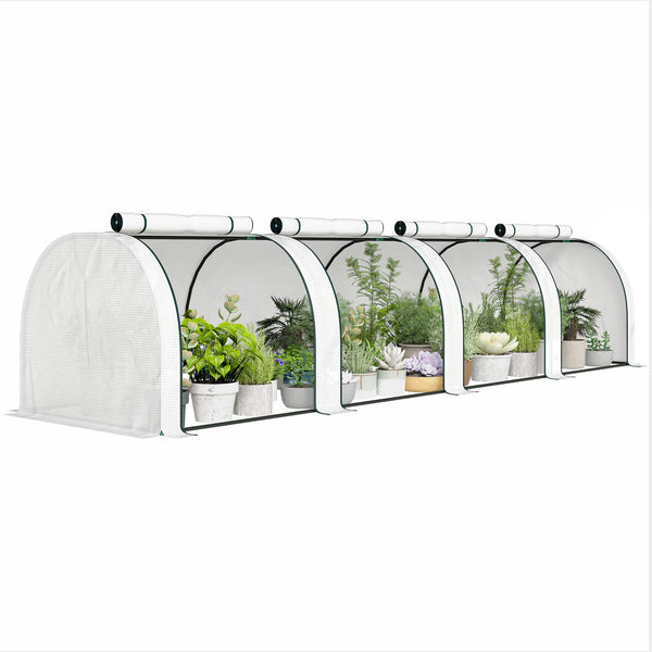 Mini Serre de Jardin Mini Serre Tunnel Serre à Tomates 4 x 1 x 0,8 m Acier Plastique Haute Densité Anti-UV 4 Portes avec Zip Enroulables Blanc