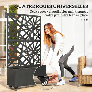 Jardinière avec treillis, bac à fleurs, lit surélevé avec brise-vue et roulettes verrouillables, pour plantes grimpantes, légumes, métal, intérieur et extérieur, 90 x 30 x 160 cm, noir