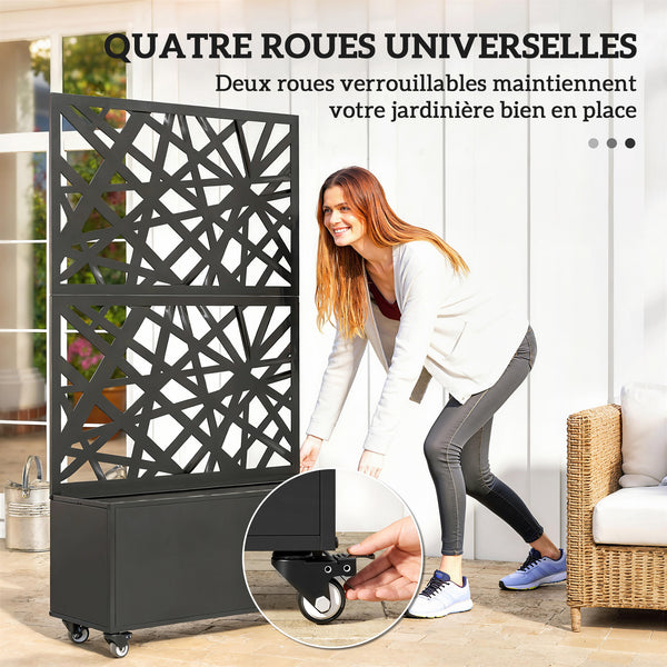 Jardinière avec treillis, bac à fleurs, lit surélevé avec brise-vue et roulettes verrouillables, pour plantes grimpantes, légumes, métal, intérieur et extérieur, 90 x 30 x 160 cm, noir