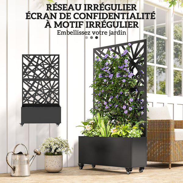 Jardinière avec treillis, bac à fleurs, lit surélevé avec brise-vue et roulettes verrouillables, pour plantes grimpantes, légumes, métal, intérieur et extérieur, 90 x 30 x 160 cm, noir