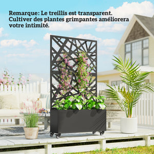 Jardinière avec treillis, bac à fleurs, lit surélevé avec brise-vue et roulettes verrouillables, pour plantes grimpantes, légumes, métal, intérieur et extérieur, 90 x 30 x 160 cm, noir