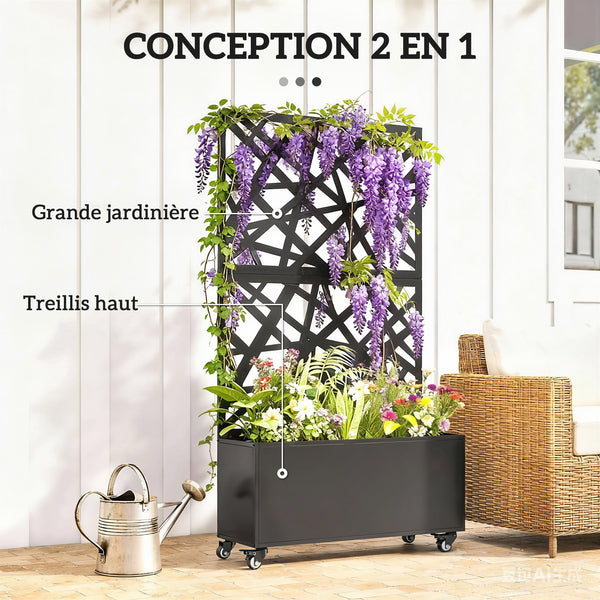 Jardinière avec treillis, bac à fleurs, lit surélevé avec brise-vue et roulettes verrouillables, pour plantes grimpantes, légumes, métal, intérieur et extérieur, 90 x 30 x 160 cm, noir
