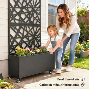 Jardinière avec treillis, bac à fleurs, lit surélevé avec brise-vue et roulettes verrouillables, pour plantes grimpantes, légumes, métal, intérieur et extérieur, 90 x 30 x 160 cm, noir