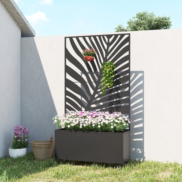 Jardinière avec treillis, bac à fleurs, lit surélevé avec brise-vue et roulettes verrouillables, pour plantes grimpantes, légumes, métal, intérieur et extérieur, 90 x 30 x 160 cm, noir