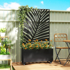 Jardinière avec treillis, bac à fleurs, lit surélevé avec brise-vue et roulettes verrouillables, pour plantes grimpantes, légumes, métal, intérieur et extérieur, 90 x 30 x 160 cm, noir