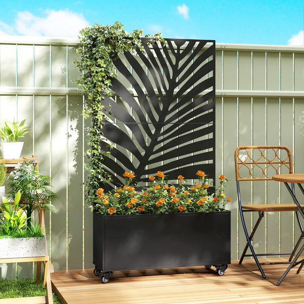 Jardinière avec treillis, bac à fleurs, lit surélevé avec brise-vue et roulettes verrouillables, pour plantes grimpantes, légumes, métal, intérieur et extérieur, 90 x 30 x 160 cm, noir