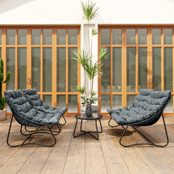 Salon de Jardin 4 Pièces avec Coussins Épais 8cm - Ensemble Mobilier Extérieur en Acier et Textilène Respirant - Table Basse en Verre Trempé pour Terrasse Balcon Moderne, Gris