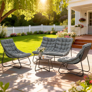 Salon de Jardin 4 Pièces avec Coussins Épais 8cm - Ensemble Mobilier Extérieur en Acier et Textilène Respirant - Table Basse en Verre Trempé pour Terrasse Balcon Moderne, Gris