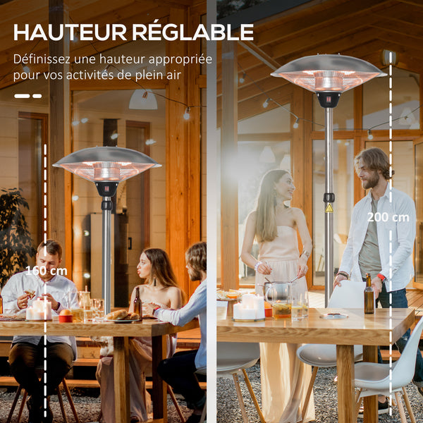 Parasol chauffant électrique 3000W chauffage d'appoint sans CO₂ 13 m² et IP44 - chauffage infrarouge sur pied 3 puissances de chauffe - hauteur réglable de 160 à 200 cm acier inox. argent
