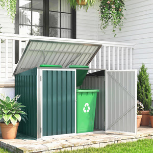 Cache Poubelle Double Acier Galvanisé pour 2 Poubelles de 240L - Abri de Jardin avec Couvercle Lié par Chaînes, Vérins à Gaz et Portes Verrouillables - Coffre de Jardin 179,5x108x129,5cm Vert