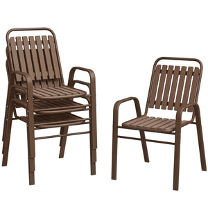 Lot de 4 chaises de jardin chaises empilables d'extérieur avec haut dossier et accoudoirs, cadre en acier pour jardin, piscine, terrasse, marron foncé