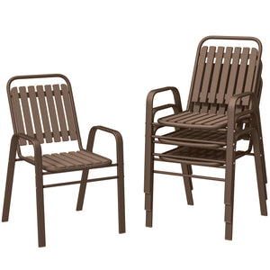 Lot de 4 chaises de jardin chaises empilables d'extérieur avec haut dossier et accoudoirs, cadre en acier pour jardin, piscine, terrasse, marron foncé