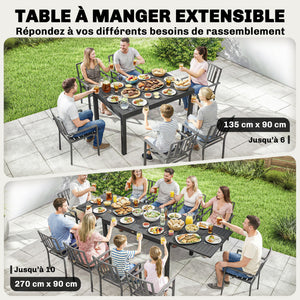 Table de Jardin Extensible pour 6 à 10 Personnes, Table de Salle à Manger Extérieure en Aluminium avec Plateau à Lattes, Patins Réglables, 270/135 x 90 x 75 cm, Gris Foncé