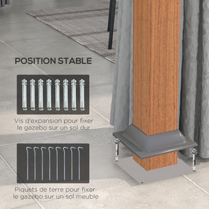 Tonnelle de jardin extérieur 4 x 3 m pavillon de jardin avec toit rigide en métal galvanisé, structure en aluminium, rideaux et moustiquaires, gris et marron
