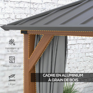 Tonnelle de jardin extérieur 4 x 3 m pavillon de jardin avec toit rigide en métal galvanisé, structure en aluminium, rideaux et moustiquaires, gris et marron