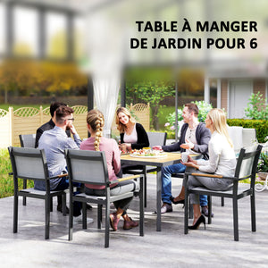 Table à manger de jardin pour 6 personnes, table de jardin avec plateau effet bois rectangulaire en acier anti-rouille pour patio, terrasse, 150 x 90 x 72 cm, bois naturel