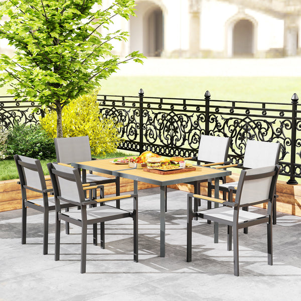 Table à manger de jardin pour 6 personnes, table de jardin avec plateau effet bois rectangulaire en acier anti-rouille pour patio, terrasse, 150 x 90 x 72 cm, bois naturel