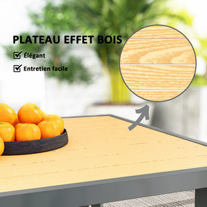 Table à manger de jardin pour 6 personnes, table de jardin avec plateau effet bois rectangulaire en acier anti-rouille pour patio, terrasse, 150 x 90 x 72 cm, bois naturel