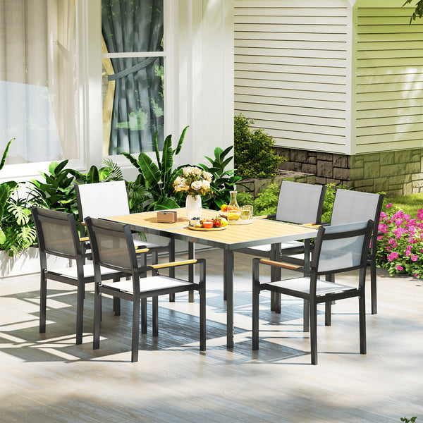 Table à manger de jardin pour 6 personnes, table de jardin avec plateau effet bois rectangulaire en acier anti-rouille pour patio, terrasse, 150 x 90 x 72 cm, bois naturel