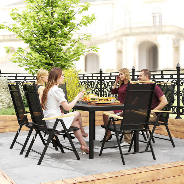 Salon de jardin extérieur 6 personnes, table de jardin extérieure avec 6 chaises, cadre en aluminium, table 140 CM, chaises pliables et inclinables, mobilier de terrasse, patio, noir