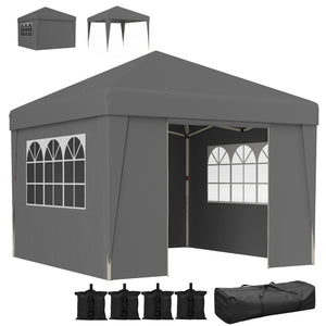Tonnelle de jardin pop-up pliante tonnelle barnum tente de réception 3 x 3 m anti-UV 30 + avec fenêtres parois latérales sac de transport sacs de sable gris foncé