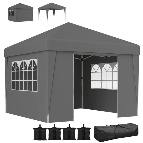 Tonnelle de jardin pop-up pliante tonnelle barnum tente de réception 3 x 3 m anti-UV 30 + avec fenêtres parois latérales sac de transport sacs de sable gris foncé
