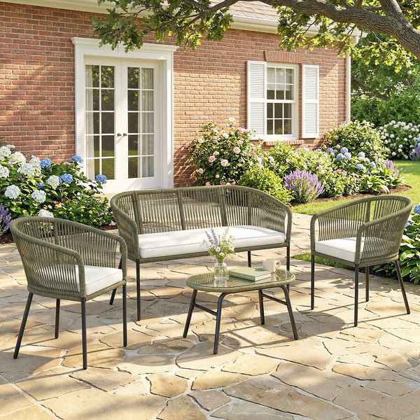 Salon de Jardin Extérieur 4 Places - PP Rond Tressé avec Canapé 2 Places, 2 Fauteuils et Table Basse Verre Trempé - Mobilier de Jardin pour Balcon Terrasse avec Coussins Déhoussables, Crème