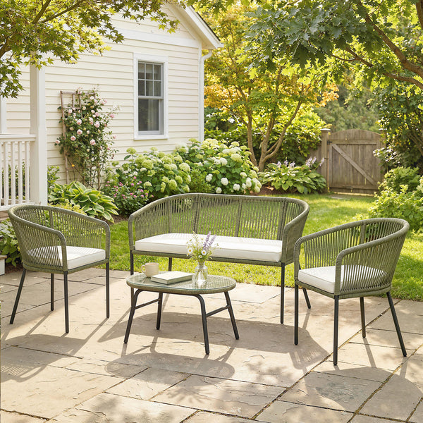 Salon de Jardin Extérieur 4 Places - PP Rond Tressé avec Canapé 2 Places, 2 Fauteuils et Table Basse Verre Trempé - Mobilier de Jardin pour Balcon Terrasse avec Coussins Déhoussables, Crème