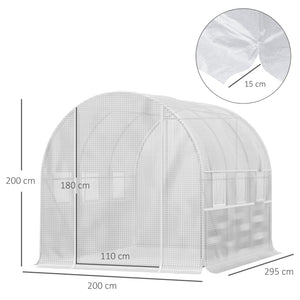 Serre de jardin tunnel, serre tunnel 6 m² avec 6 fenêtres et 1 porte enroulable, toile PE structure en acier galvanisé, blanc