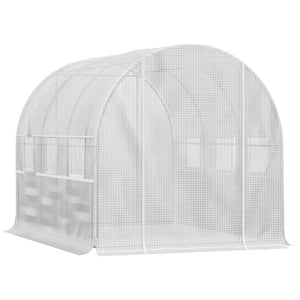Serre de jardin tunnel, serre tunnel 6 m² avec 6 fenêtres et 1 porte enroulable, toile PE structure en acier galvanisé, blanc