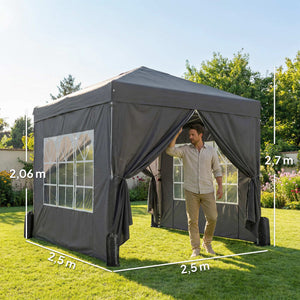 Tonnelle de jardin 2,5 x 2,5 m pop up tente pliante réglable en hauteur protection UV50+ tonnelle pliante avec 4 parois latérales 4 sacs de sable sac de transport montage facile gris foncé