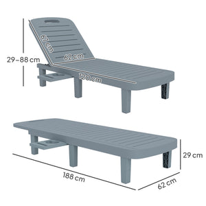 Lot de 2 bain de soleil, chaise longue avec plateaux rétractables, transat jardin extérieur inclinable, surface effet bois pour plage relax camping piscine terrasse, 62 x 158 x 88 cm, gris