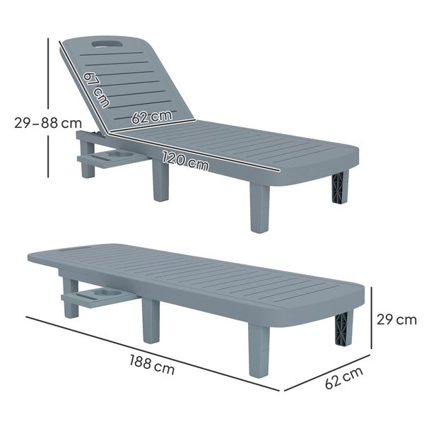 Lot de 2 bain de soleil, chaise longue avec plateaux rétractables, transat jardin extérieur inclinable, surface effet bois pour plage relax camping piscine terrasse, 62 x 158 x 88 cm, gris