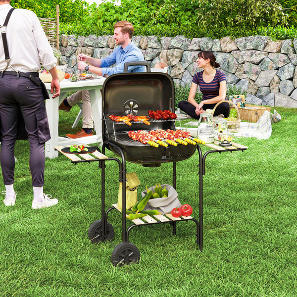 Barbecue charbon de bois chariot de cuisson avec surface de cuisson de 1840 cm², barbecue fumoir portable avec grille, couvercle, étagères et roues, pour camping pique-nique, noir
