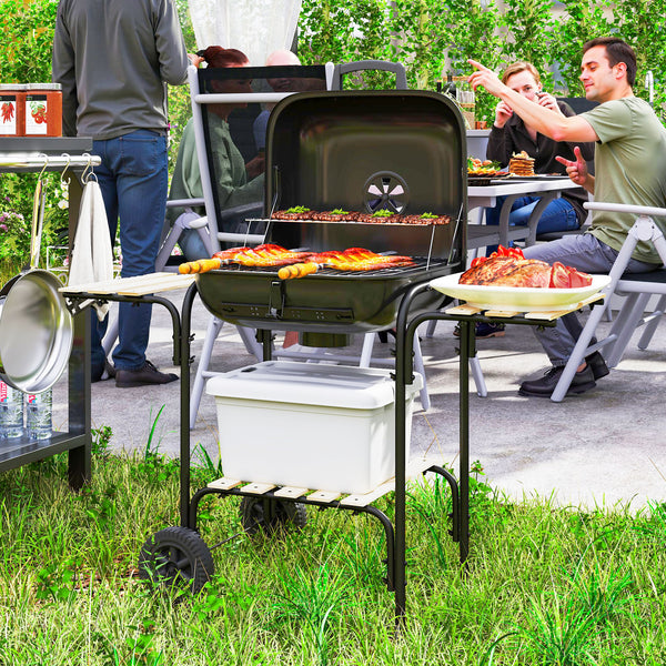 Barbecue charbon de bois chariot de cuisson avec surface de cuisson de 1840 cm², barbecue fumoir portable avec grille, couvercle, étagères et roues, pour camping pique-nique, noir