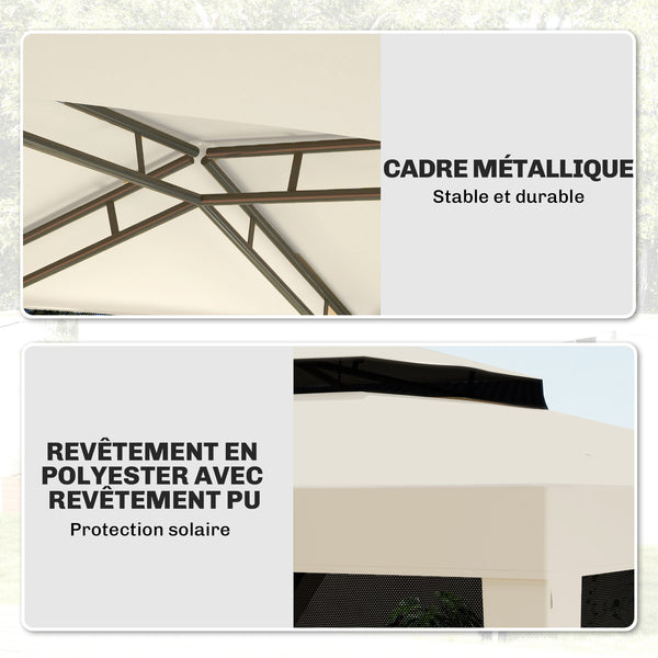 Tonnelle barnum de jardin 3L x 3l m avec 4 moustiquaires amovibles - double toit - beige