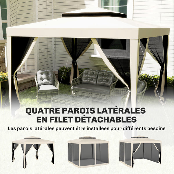 Tonnelle barnum de jardin 3L x 3l m avec 4 moustiquaires amovibles - double toit - beige