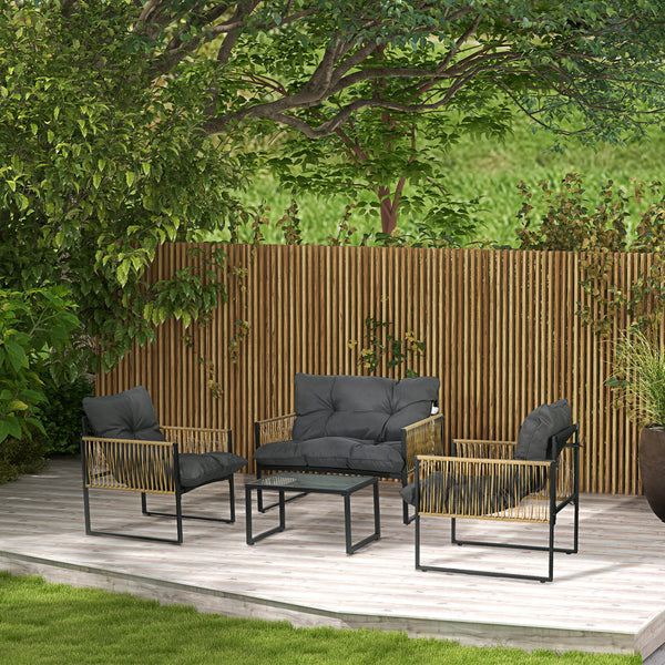 Salon de jardin extérieur 4 pièces mobilier de jardin canapé 2 places 2 fauteuils et 1 table basse plateau verre trempé 3 coussins acier et résine tressée - gris