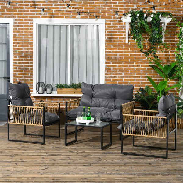 Salon de jardin extérieur 4 pièces mobilier de jardin canapé 2 places 2 fauteuils et 1 table basse plateau verre trempé 3 coussins acier et résine tressée - gris