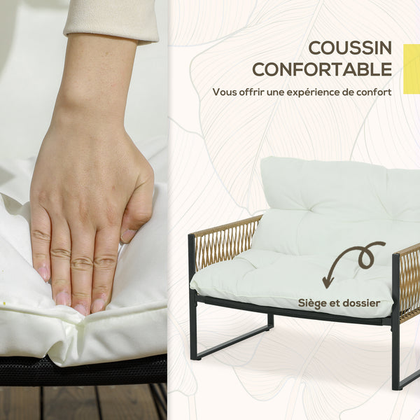 Salon de jardin extérieur 4 pièces mobilier de jardin canapé 2 places 2 fauteuils et 1 table basse plateau verre trempé 3 coussins acier et résine tressée - crème