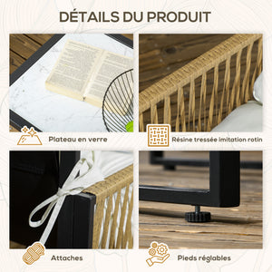 Salon de jardin extérieur 4 pièces mobilier de jardin canapé 2 places 2 fauteuils et 1 table basse plateau verre trempé 3 coussins acier et résine tressée - crème