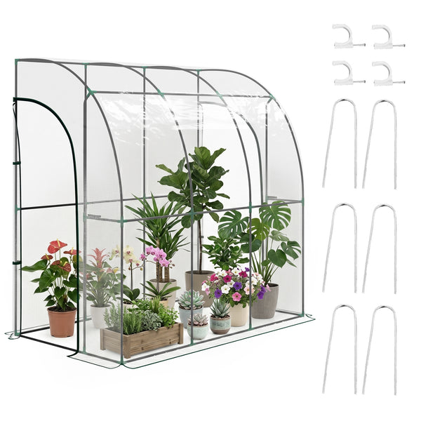 Serre de jardin adossée, serre de balcon, bâche renforcée PVC, châssis en acier, 2 portes zippées enroulables, pour légumes plantes fleurs, intérieur et extérieur, 214x118x212cm, transparent